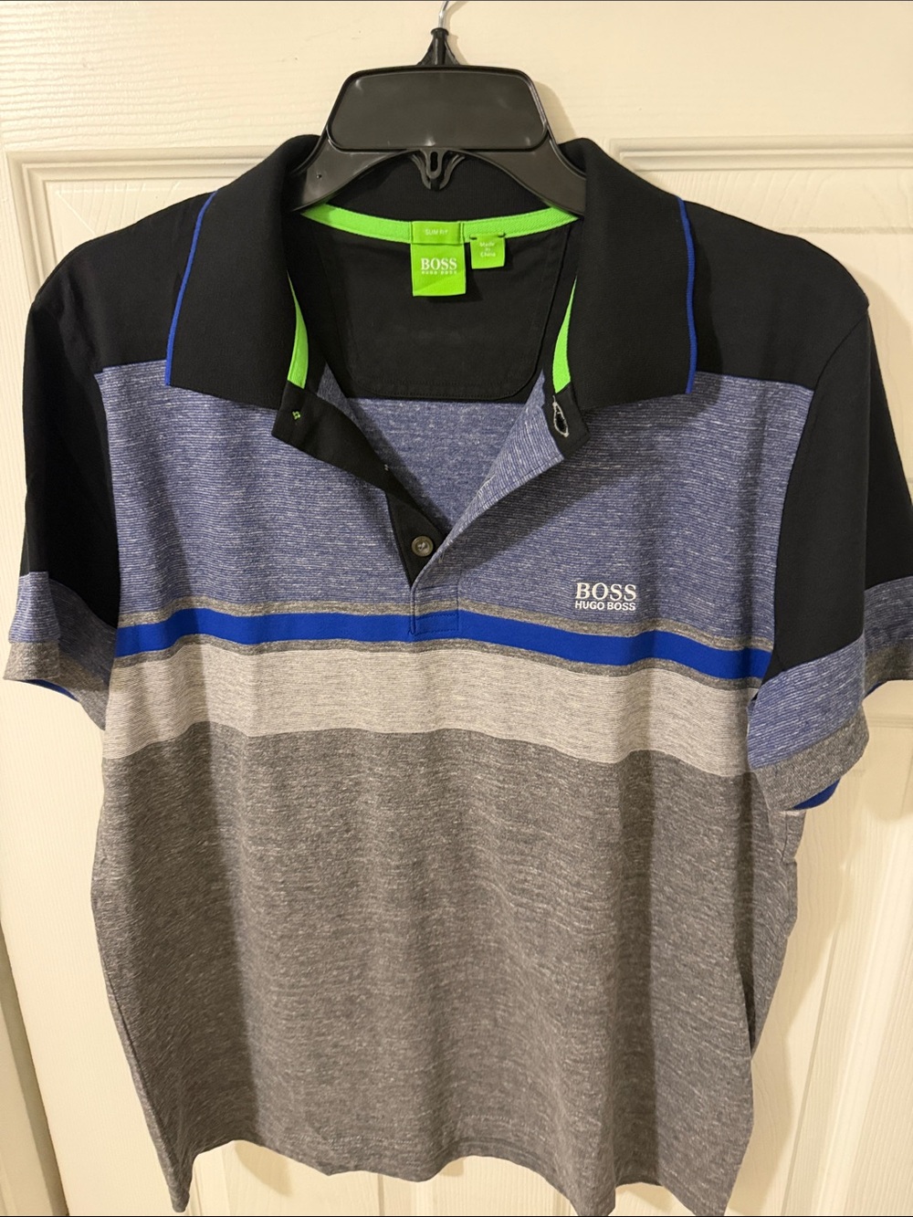 Boss Striped Blue, Gray & Black Polo with Neon Green Trim